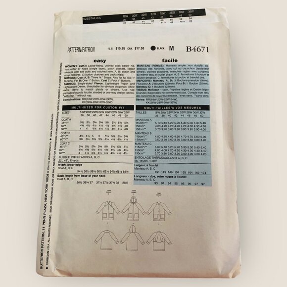 Butterick Sewing Pattern B4671 Women's Coat Size 26W-32W - Picture 2 of 2